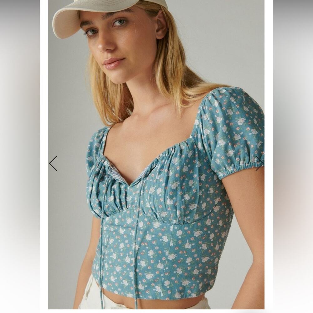NEW Lucky Brand Laura Ashley Corset Floral Top Blue Short Sleeves Womens Large